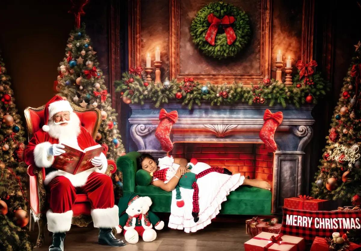 Kate Christmas Tree Red Sock Fireplace Backdrop Designed by Emetselch