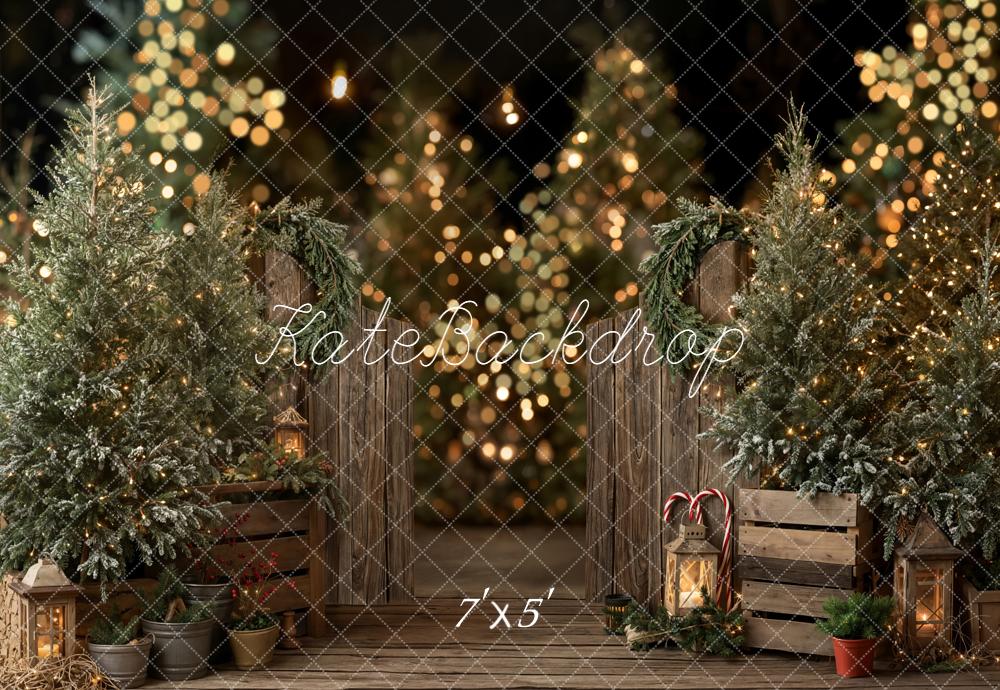 Kate Christmas Trees Wooden Fence Bokeh Backdrop Designed by Emetselch