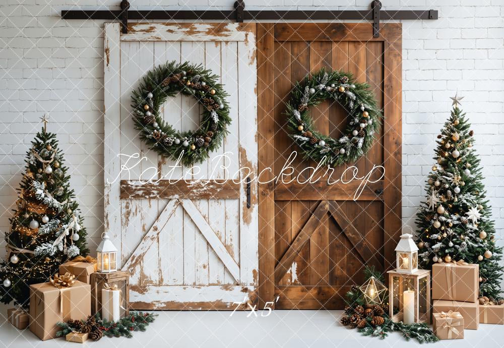 Kate Christmas White Brown Wood Door Backdrop Designed by Emetselch