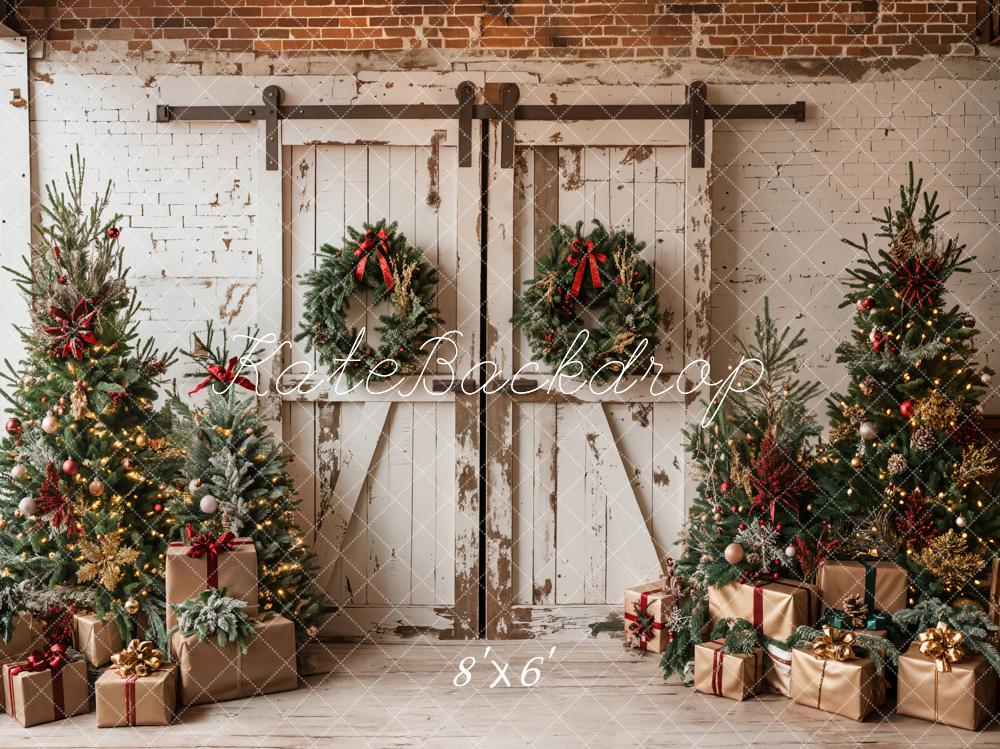 Kate Christmas White Shabby Barn Door Fleece Backdrop Designed by Emetselch - Image 2