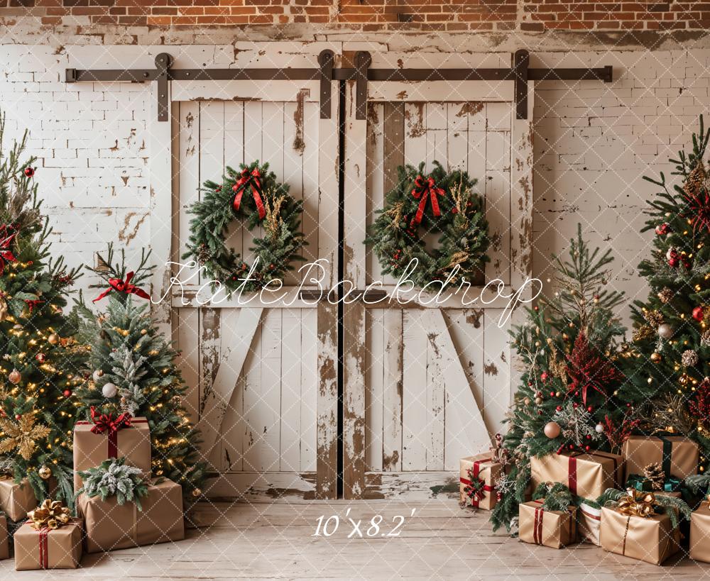 Kate Christmas White Shabby Barn Door Fleece Backdrop Designed by Emetselch - Image 6