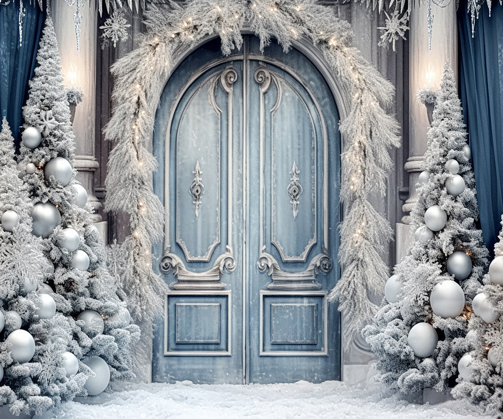Kate Christmas Winter Frosted World Tree Blue Door Backdrop for Photography - Image 6