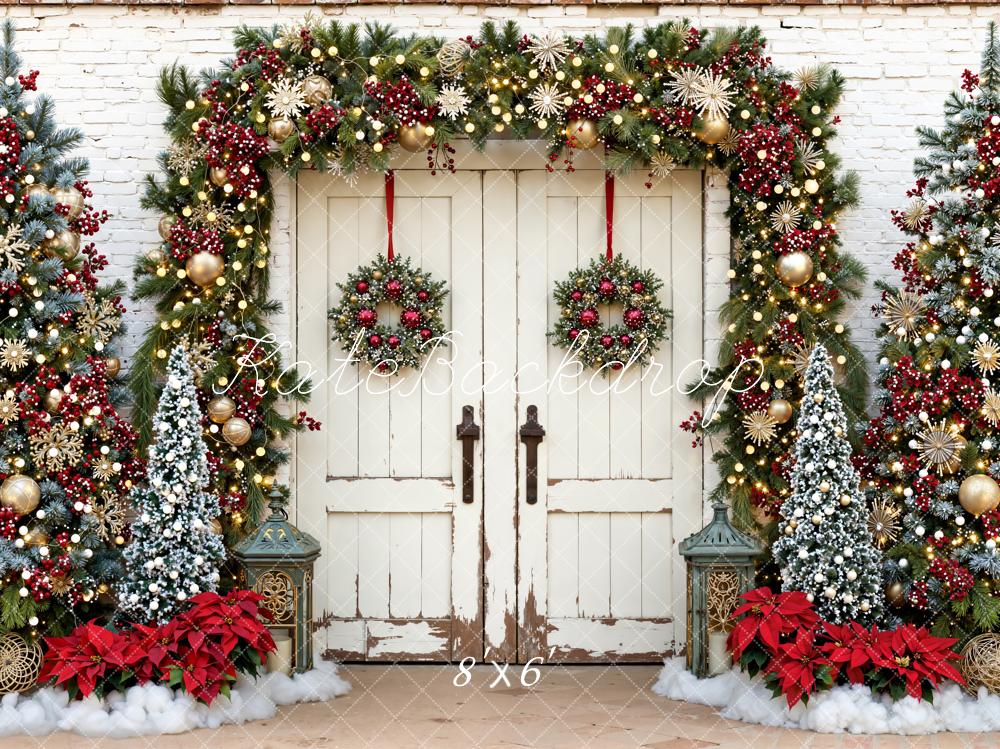 Kate Christmas Garland Trees White Door Fleece Backdrop Designed by Emetselch