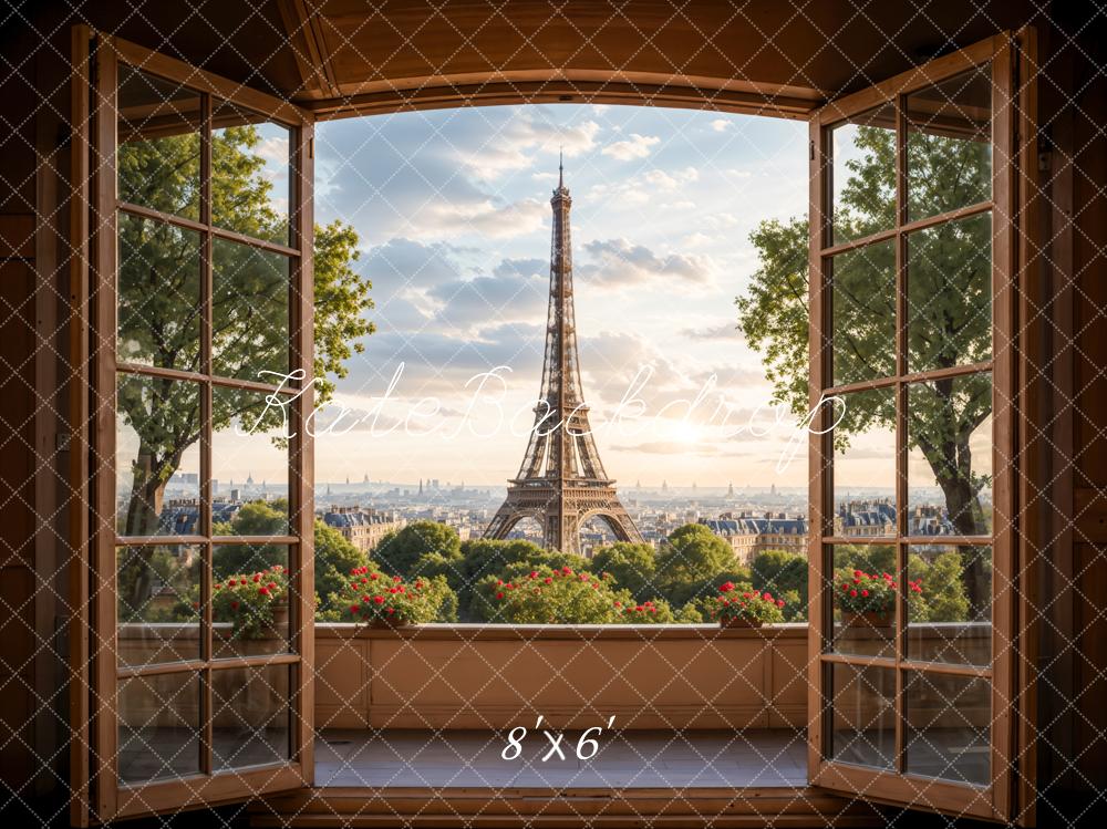 Kate Dark Brown Wooden Window Balcony Paris Tower Backdrop Designed by Emetselch - Image 3