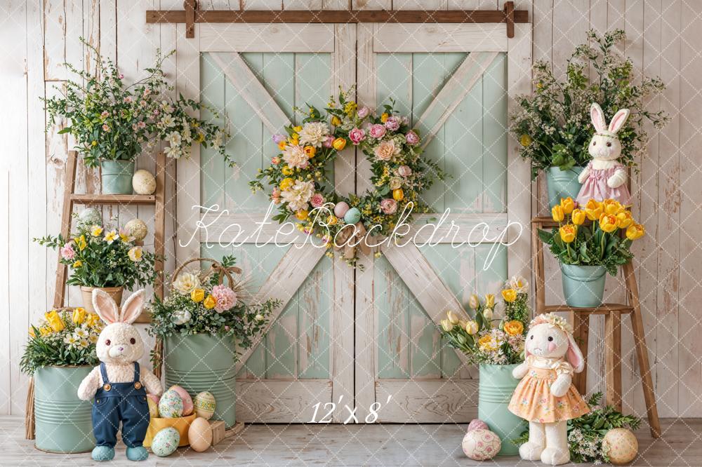Kate Easter Bunny Floral Eggs Barn Door Fleece Backdrop Designed by Emetselch - Image 4