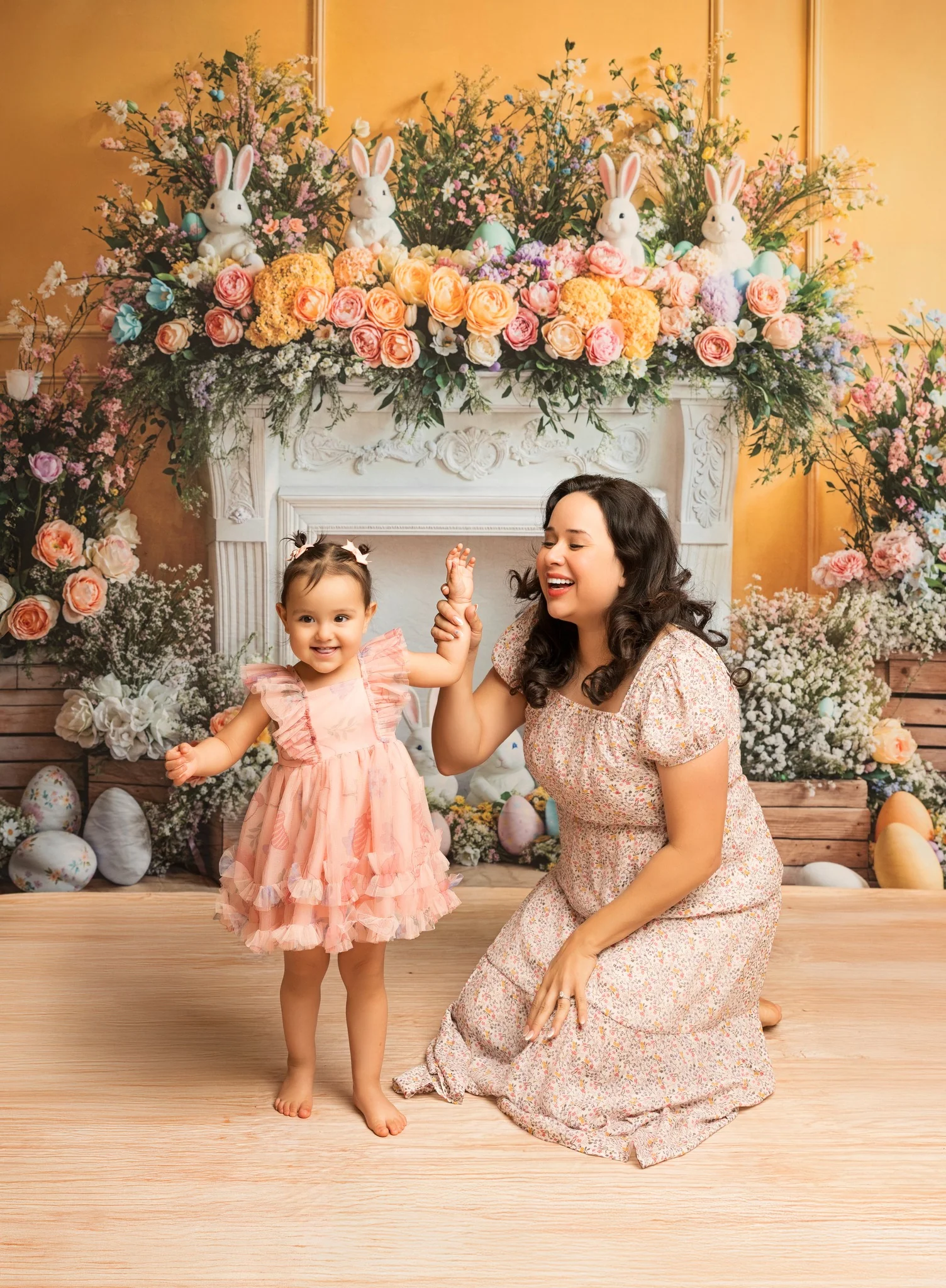 Kate Easter Bunny Flower Fireplace Yellow Backdrop Designed by Emetselch
