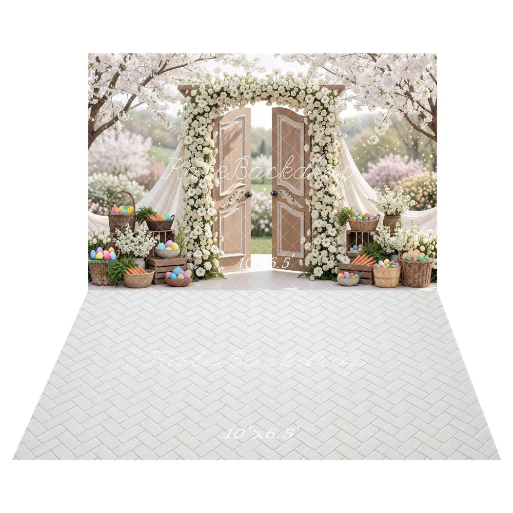 Kate Easter Bunny Garland Wooden Doors Backdrop+White Herringbone Wall Backdrop