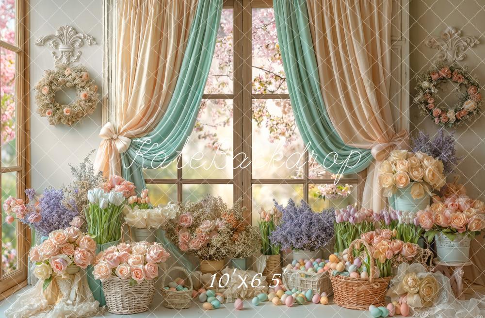 Kate Easter Bunny Pastel Flowers Window Fleece Backdrop Designed by Emetselch - Image 2
