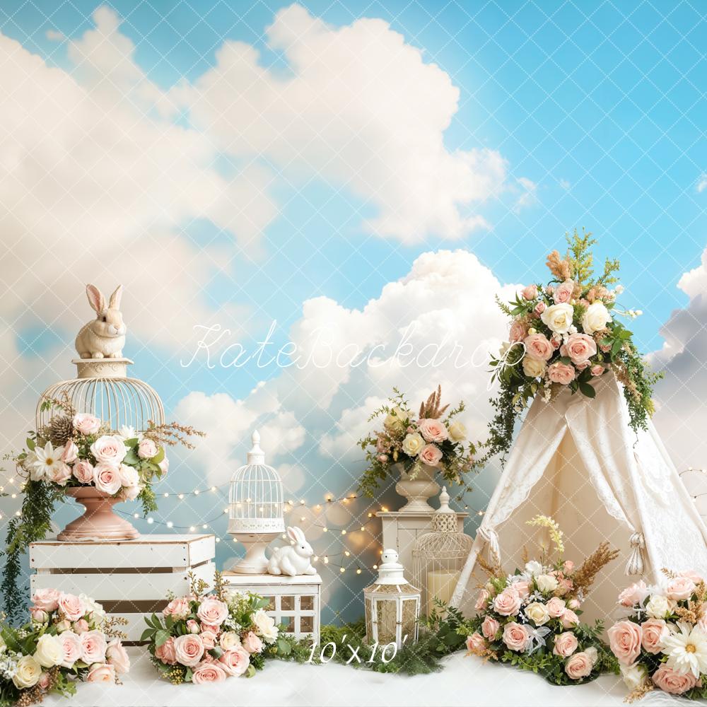 Kate Easter Bunny Tent Floral Clouds Backdrop Designed by Emetselch - Image 7