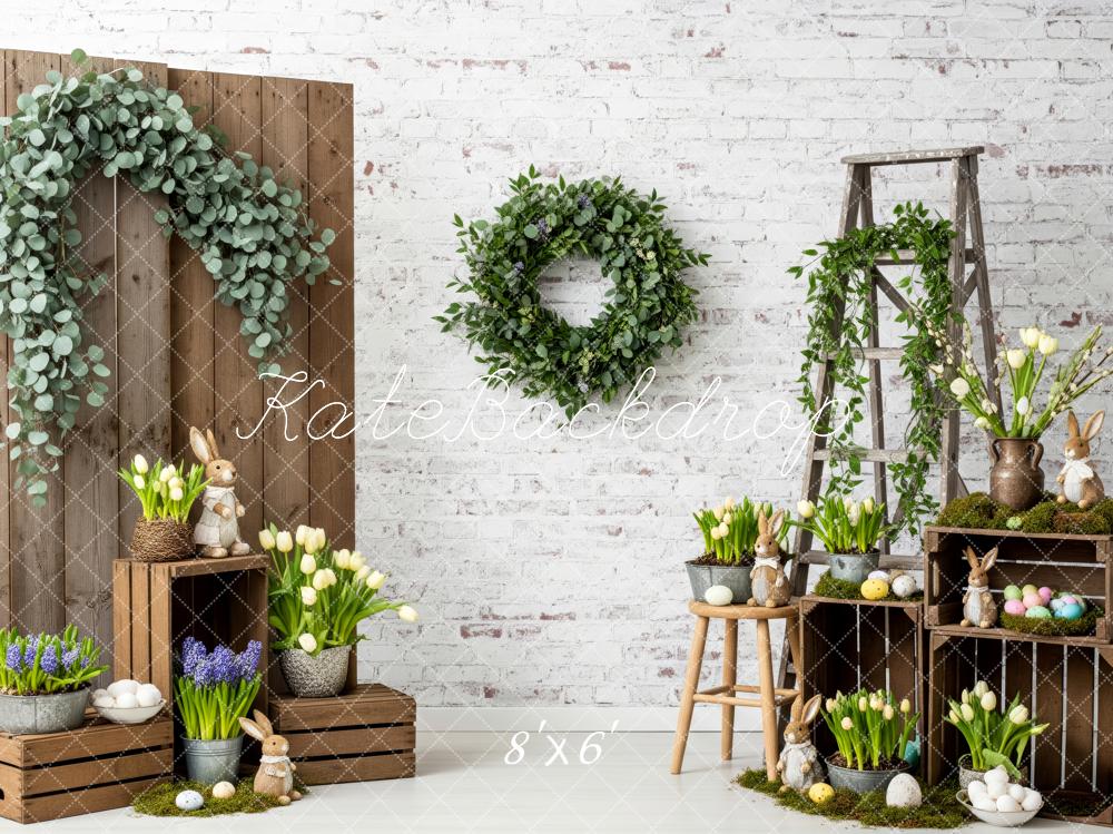 Kate Easter Bunny Tulips Brick Wall Fleece Backdrop Designed by Patty Robert