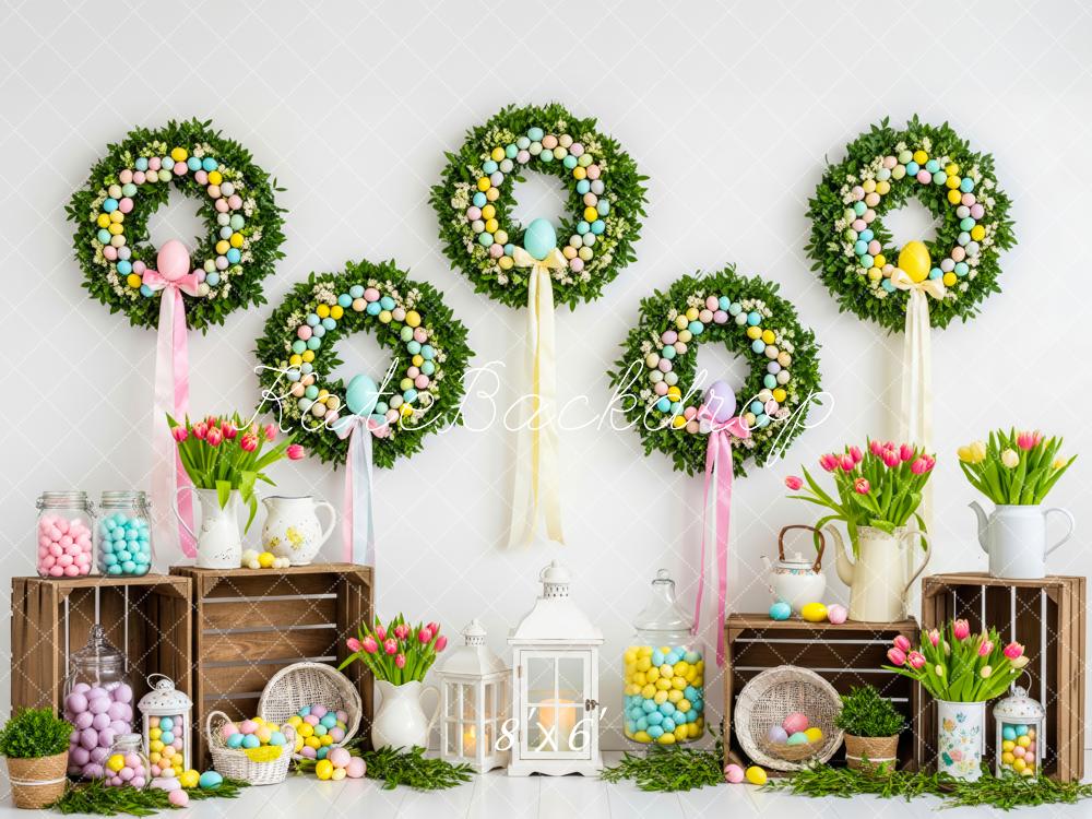 Kate Easter Bunny Wreath Pastel Eggs Fleece Backdrop Designed by Patty Robert