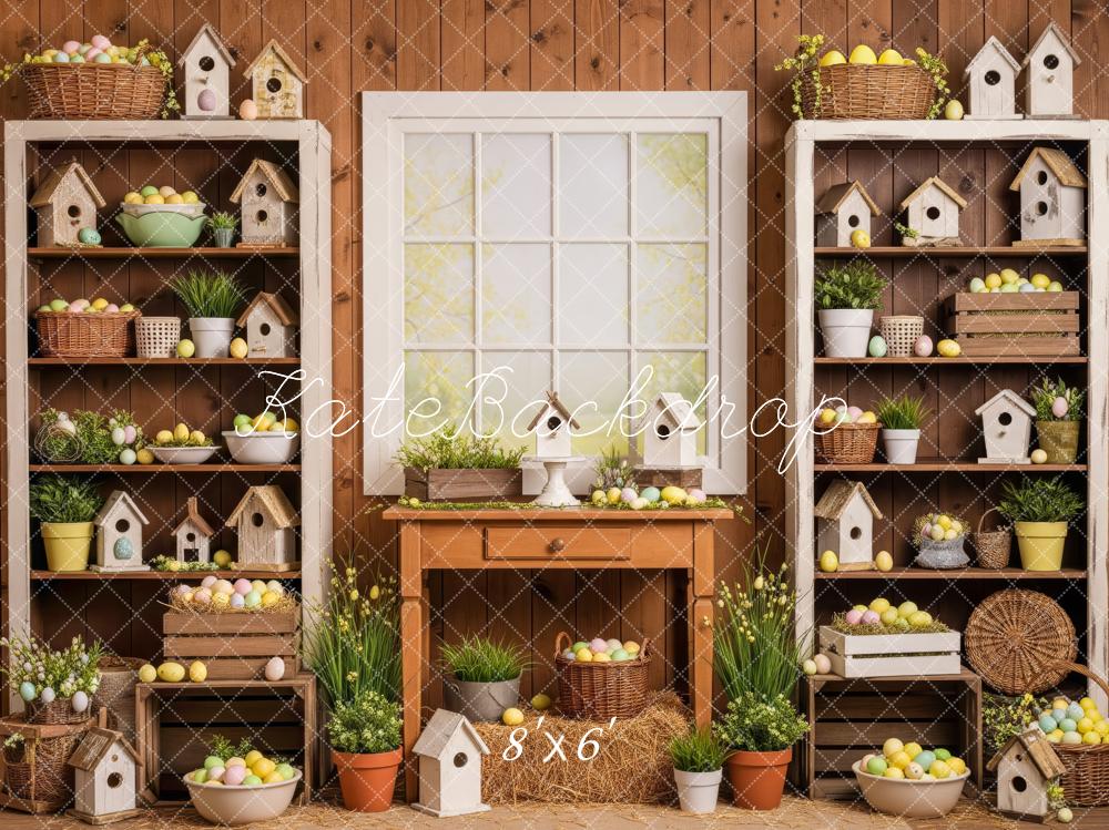 Kate Easter Eggs Birdhouses Wooden Shelves Fleece Backdrop Designed by Patty Robert