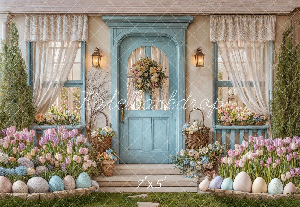 Kate Easter Eggs Pastel Floral Blue Door Backdrop Designed by Emetselch