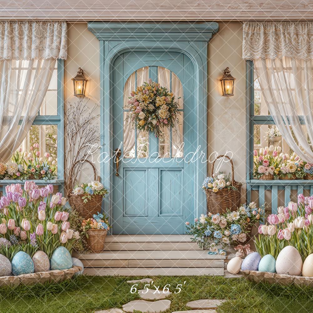 Kate Easter Eggs Pastel Floral Blue Door Backdrop Designed by Emetselch - Image 2
