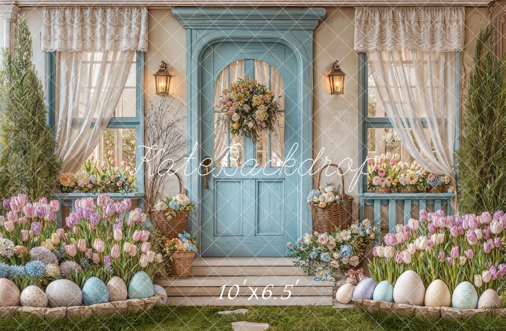 Kate Easter Eggs Pastel Floral Blue Door Backdrop Designed by Emetselch - Image 4