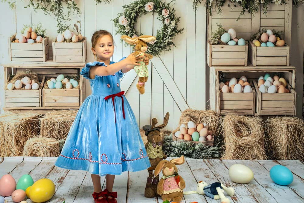 Kate Easter Floral Egg Farmhouse Backdrop+White Retro Wood Floor Backdrop