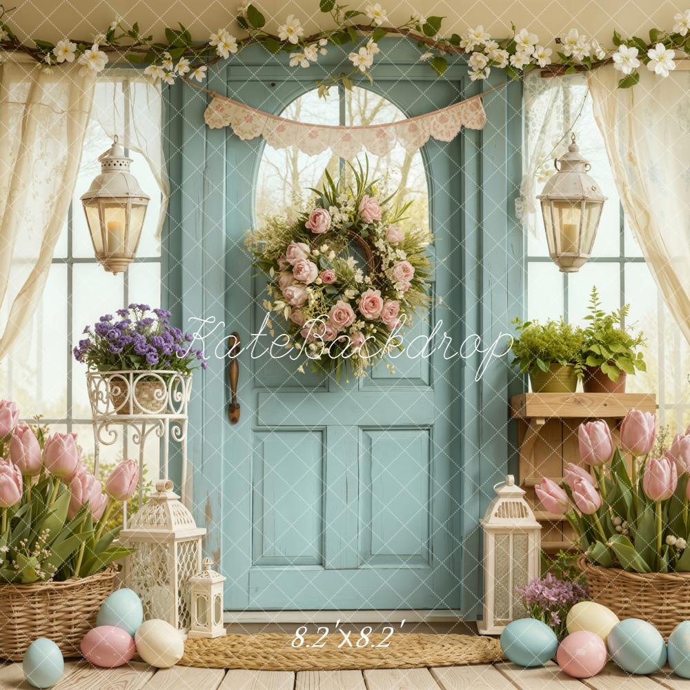 Kate Easter Pastel Eggs Tulips Blue Door Backdrop Designed by Emetselch - Image 5