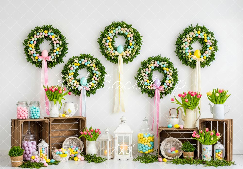 Kate Easter Wreaths Tulips Pastel Eggs Backdrop Designed by Patty Robert