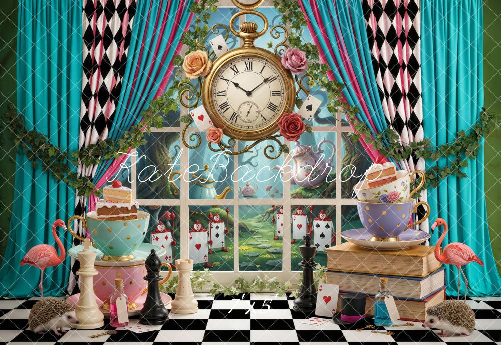 Kate Fantasy Teacups Clock Chess Flamingos Backdrop Designed by Emetselch