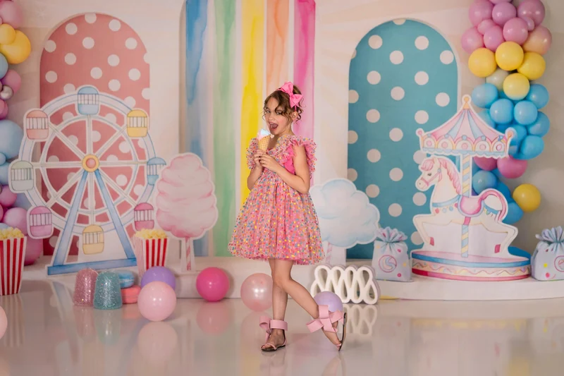 Kate Ferris Wheel Carousel Balloons Pastel Backdrop Designed by Patty Robert