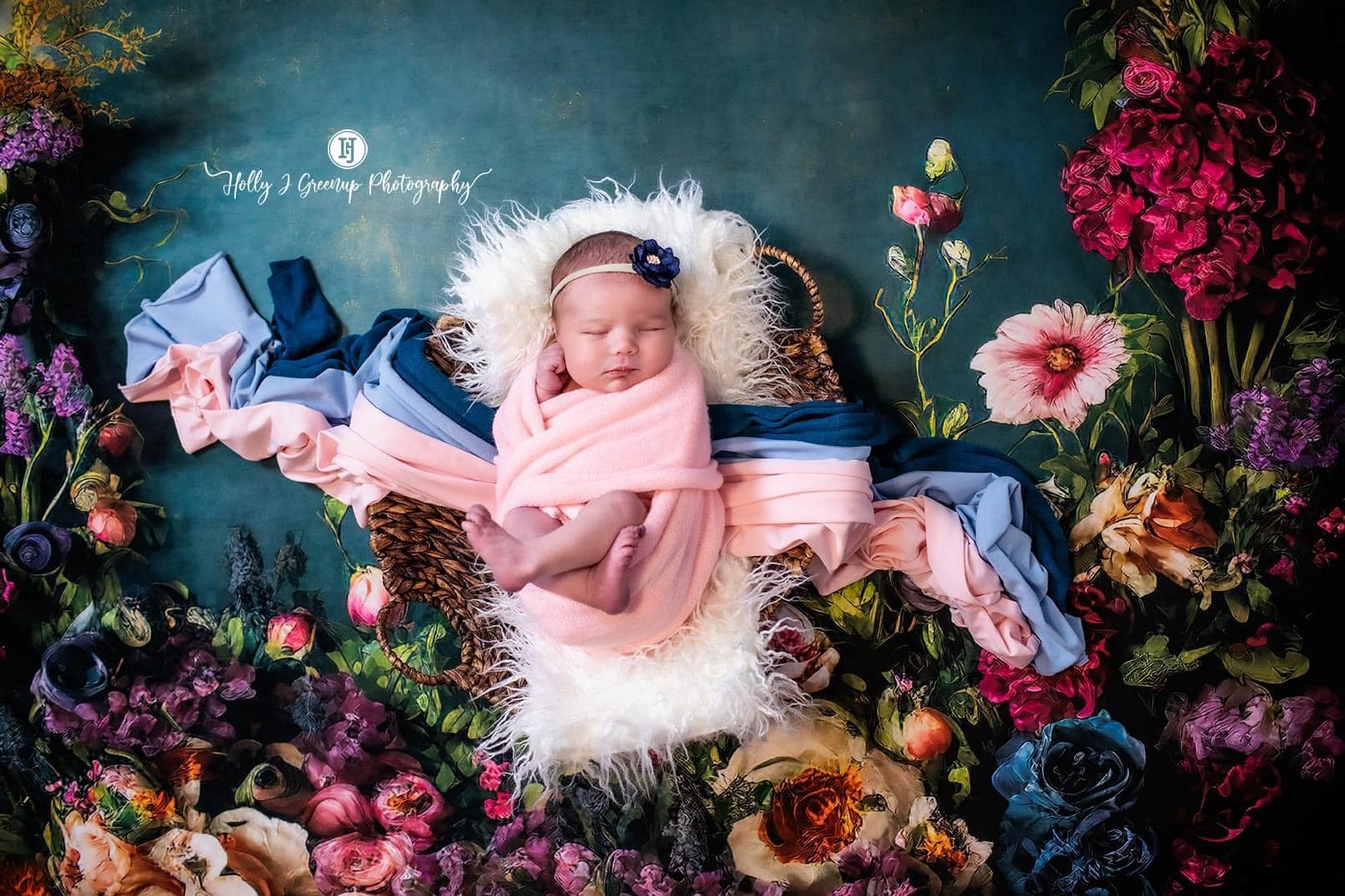 Kate Spring Fine Art Oil Painterly Floral Dark Teal Fleece Backdrop Designed by Mini MakeBelieve - Image 9
