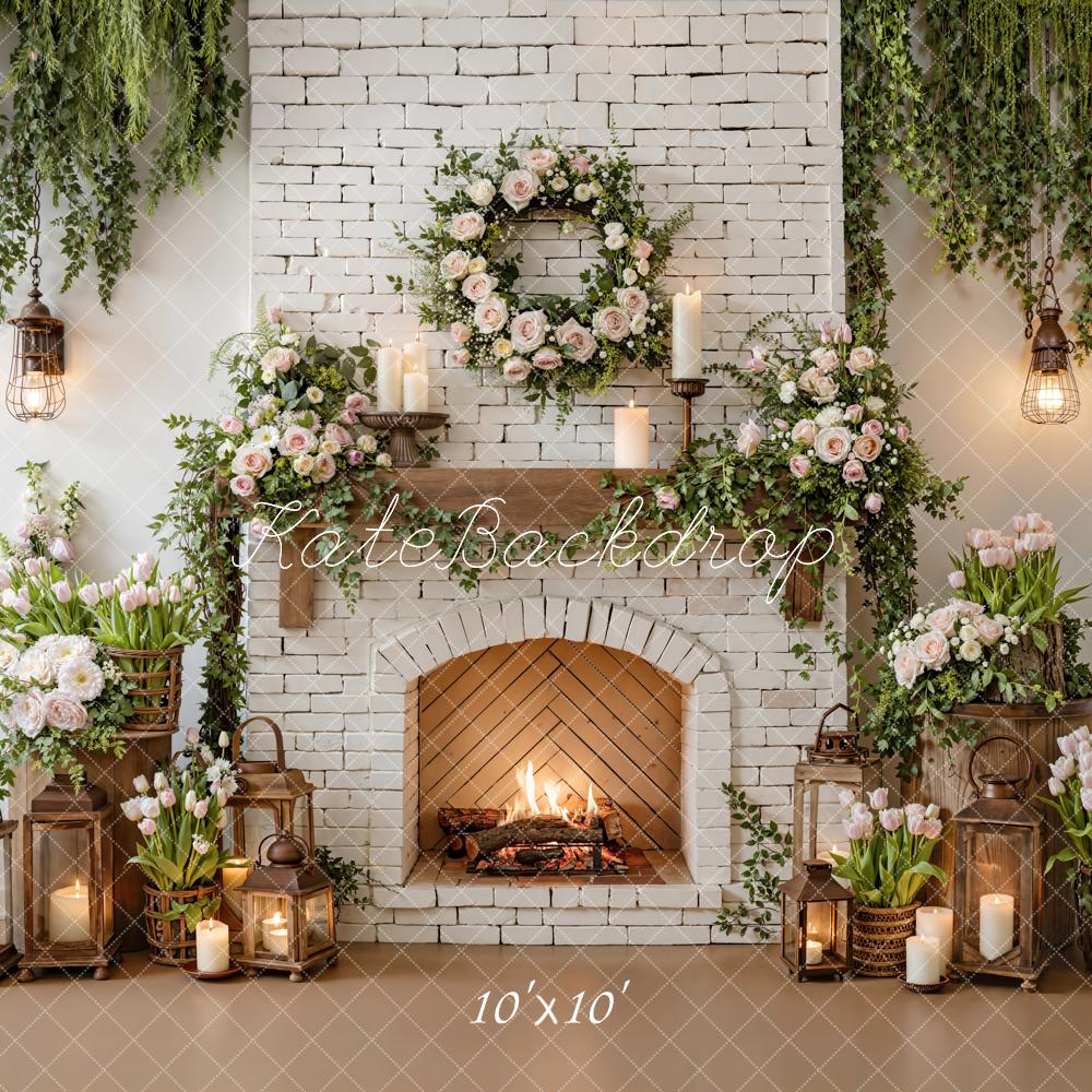 Kate Fireplace Garland Lanterns White Brick Backdrop Designed by Emetselch - Image 7