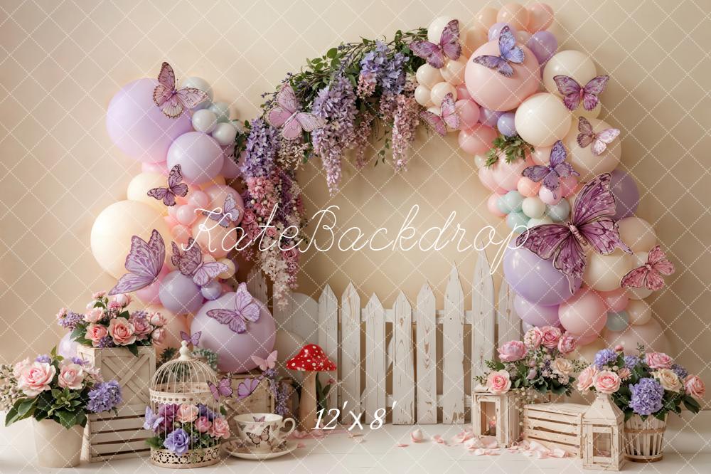 Kate Floral Arch Balloons Butterflies Fence Fleece Backdrop Designed by Emetselch - Image 4