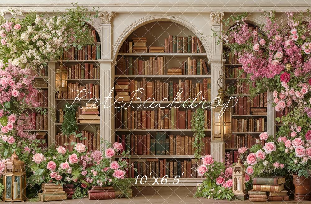 Kate Floral Arch Bookshelves Lanterns Fleece Backdrop Designed by Emetselch - Image 2