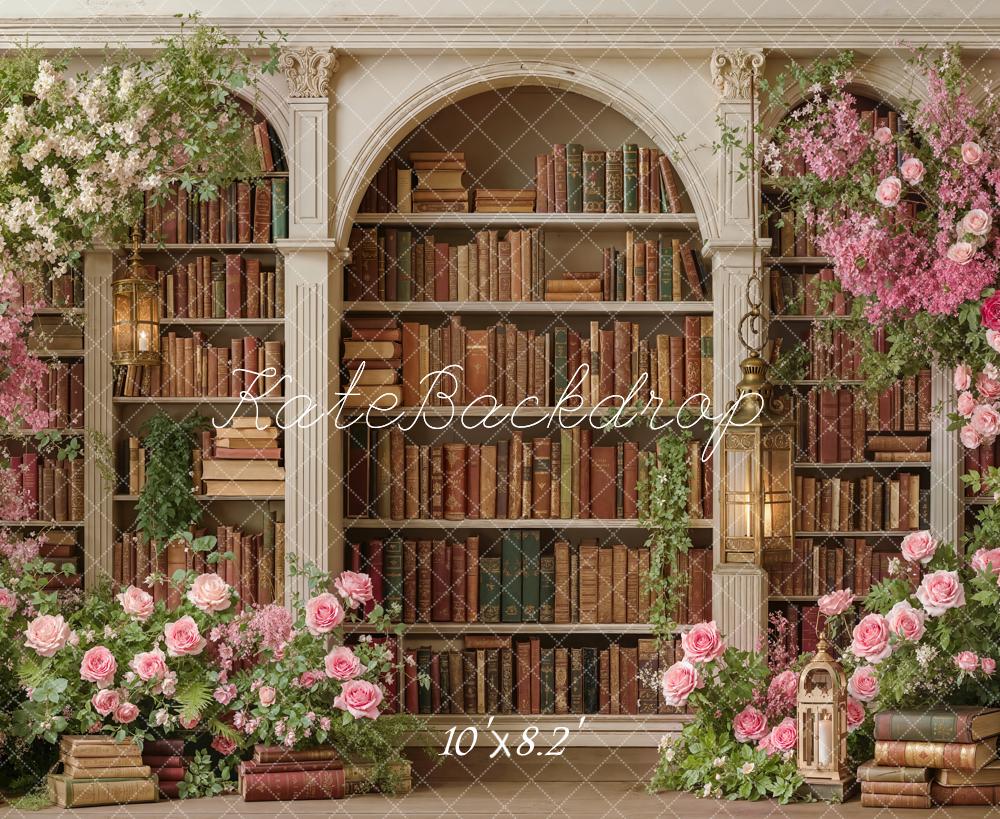 Kate Floral Arch Bookshelves Lanterns Fleece Backdrop Designed by Emetselch - Image 3