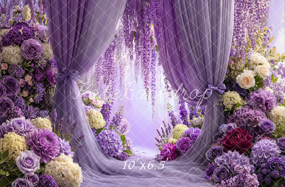 Kate Purple Floral Curtains Fleece Backdrop Designed by Emetselch - Image 2