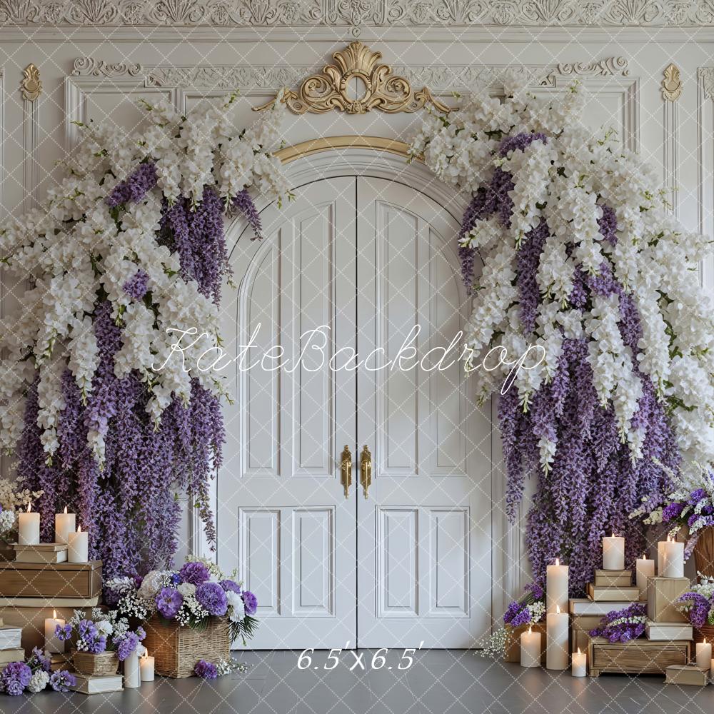 Kate Floral Arch Doors Candles Purple White Backdrop Designed by Mini MakeBelieve - Image 2