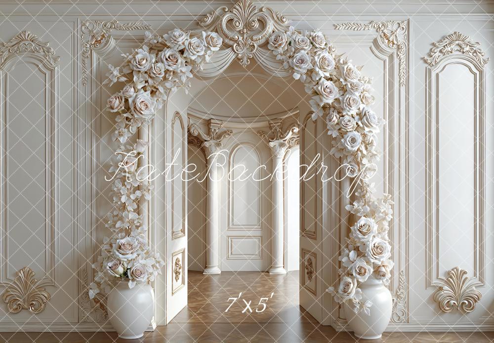 Kate Floral Arch Ornate Cream Wall Backdrop Designed by Mini MakeBelieve