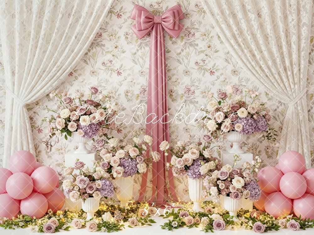 Kate Floral Curtain Pink Balloons Fleece Backdrop Designed by Patty Robert