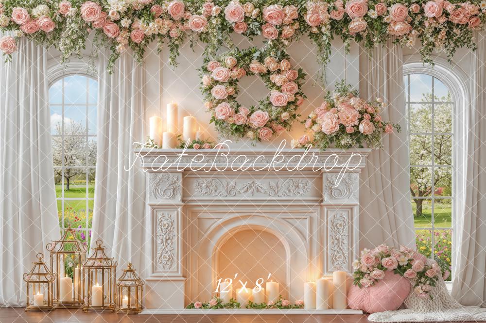 Kate Floral Fireplace Pink Roses Candles Fleece Backdrop Designed by Emstselch - Image 4