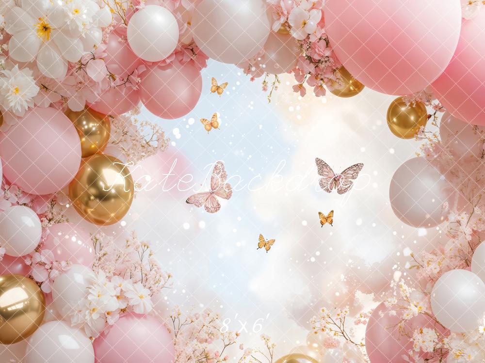 Kate Floral Pink Balloon Butterfly Backdrop Designed by Emetselch - Image 4