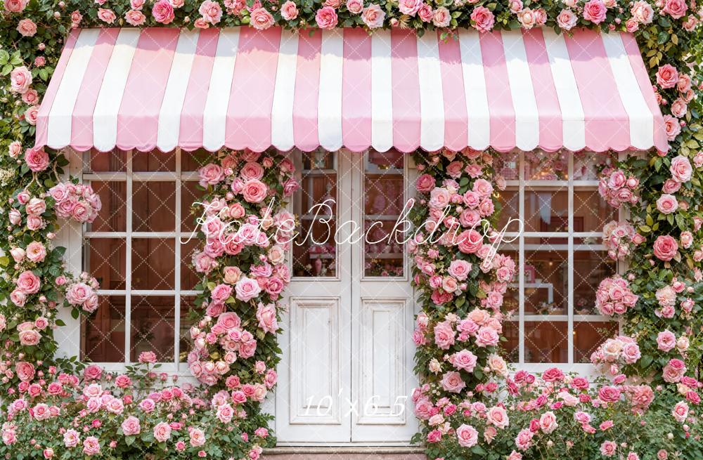 Kate Floral Pink Striped Awning Roses Fleece Backdrop Designed by Emetselch - Image 2