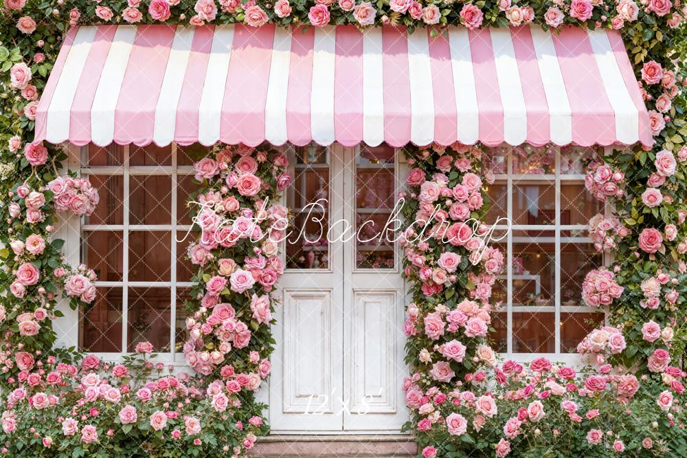 Kate Floral Pink Striped Awning Roses Fleece Backdrop Designed by Emetselch - Image 4