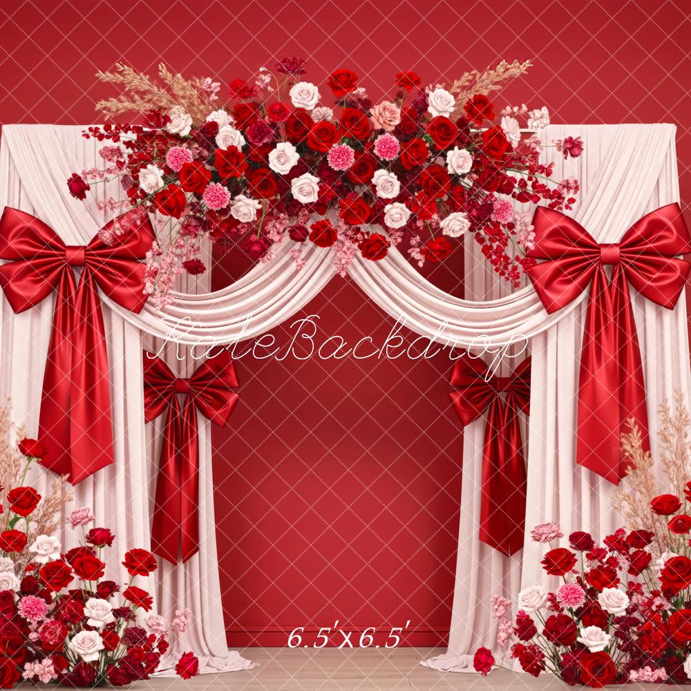 Kate Floral Red Drapes Satin Bows Backdrop Designed by Patty Robert - Image 2