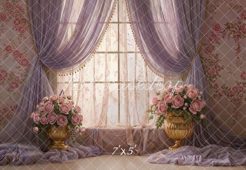 Kate Floral Window Purple Drapes Gold Vases Backdrop Designed by Emetselch