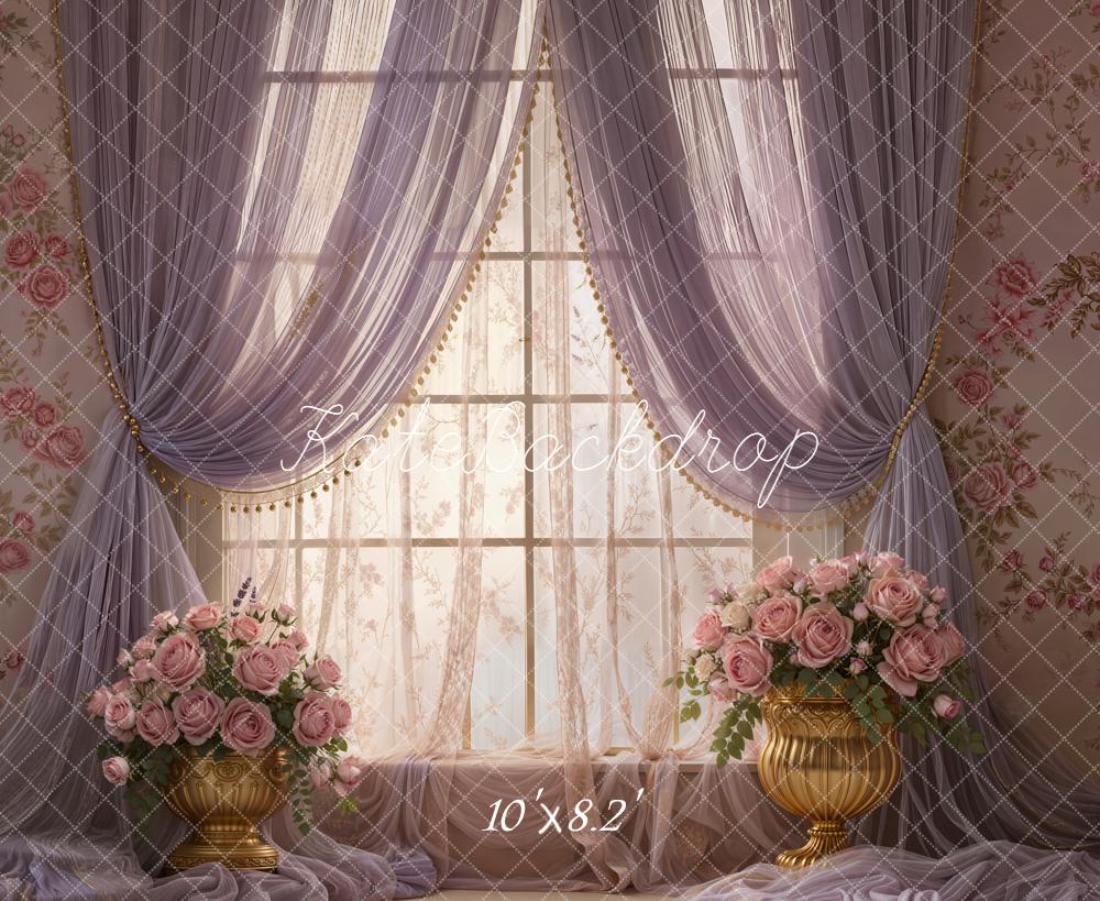 Kate Floral Window Purple Drapes Gold Vases Backdrop Designed by Emetselch - Image 6