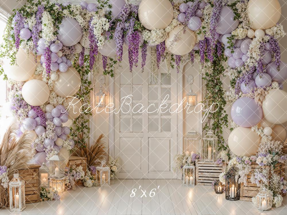 Kate Spring Floral Balloons White Door Fleece Backdrop Designed by Emetselch