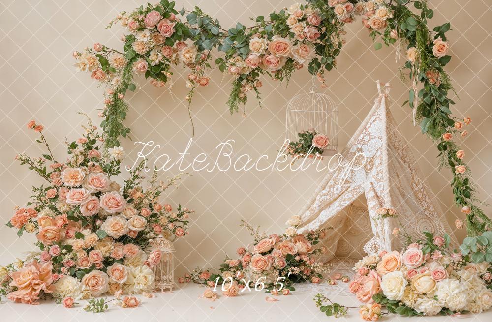 Kate Spring Lace Teepee Cream Roses Fleece Backdrop Designed by Emetselch - Image 2