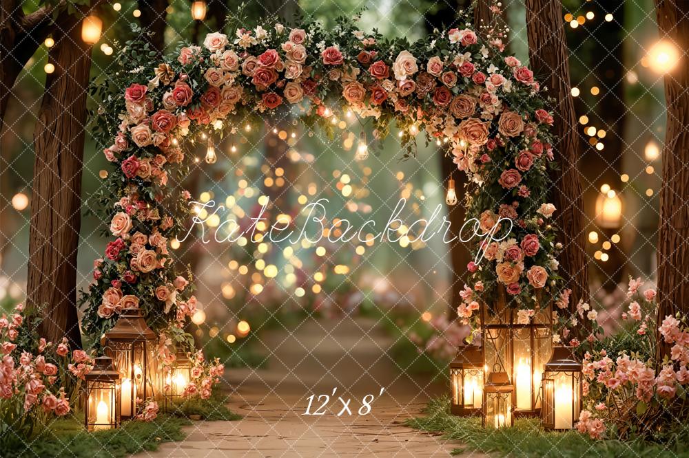 Kate Floral Arch Lanterns Bokeh Forest Fleece Backdrop Designed by Emetselch - Image 4