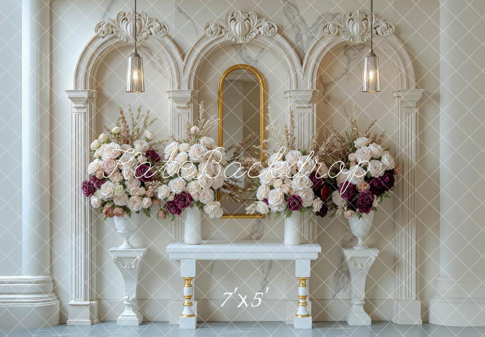 Kate White Floral Ornate Columns Backdrop Designed by Mini MakeBelieve