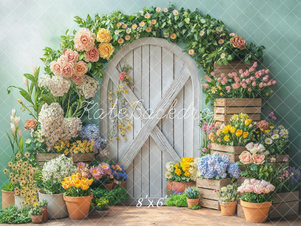Kate Spring Garland Wooden Door Crates Fleece Backdrop Designed by Emetselch