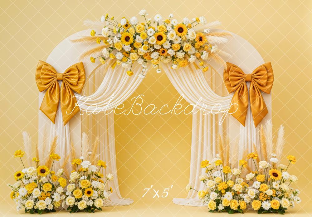 Kate Bow Arch Yellow Flowers Cream Drapes Backdrop Designed by Patty Robert