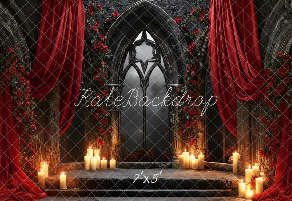 Kate Gothic Arch Red Roses Curtain Candles Backdrop Designed by Emetselch