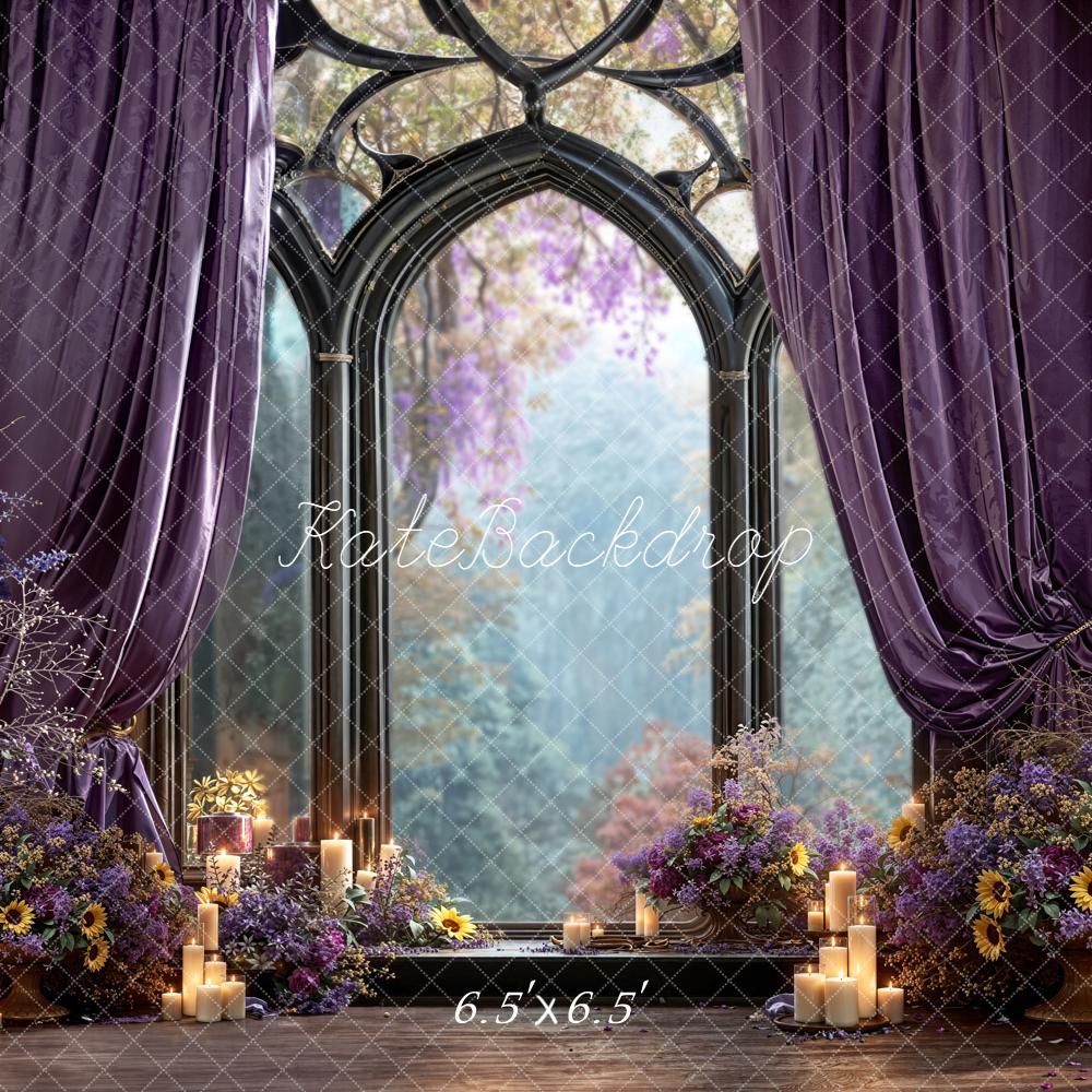 Kate Gothic Window Purple Drapes Floral Backdrop Designed by Emetselch - Image 2