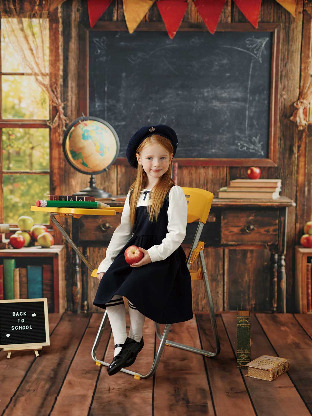 Kate Graduation Chalkboard Window Backdrop+Brown Old Wooden Floor Backdrop