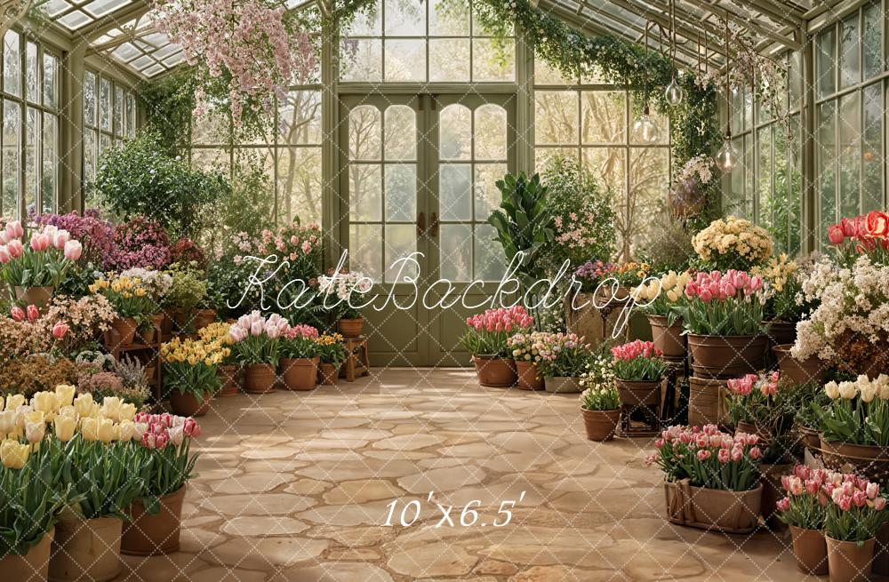 Kate Greenhouse Potted Flowers Cobblestone Fleece Backdrop Designed by Emstselch - Image 2